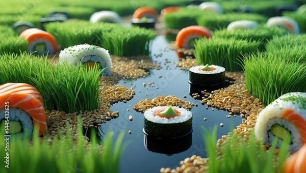 Fototapeta Sushi Grass Seeds Water 3D Render