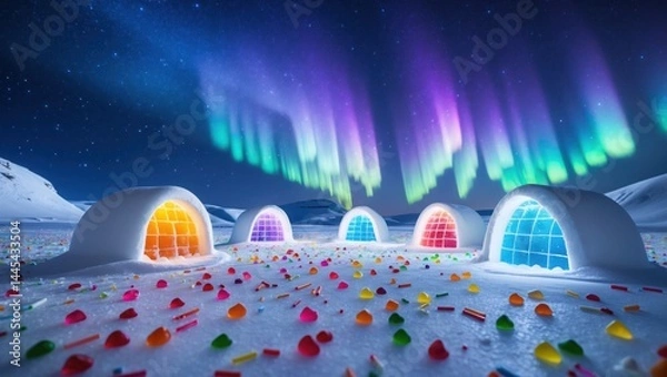 Fototapeta Colorful Ice Igloos Candy Snow Aurora Night