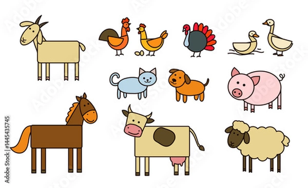 Fototapeta Set of farm animals in a geometric, minimalist style, simple shapes: rectangles for bodies, circles and ovals for heads, and straight lines for legs and tails.