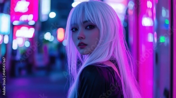 Fototapeta An anime-style white-haired Asian woman in a neon-lit city, background wallpaper AI generated image