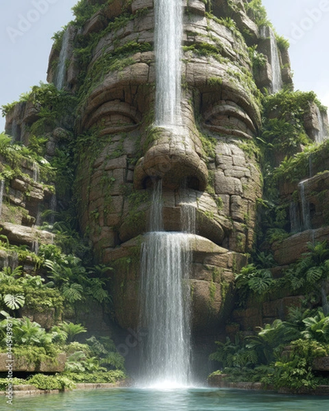 Fototapeta A colossal stone face covered in greenery forms the backdrop of a waterfall, cascading into a serene pool surrounded by lush plants.