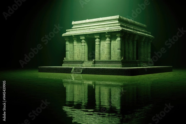 Fototapeta A stone temple with pillars stands isolated, surrounded by water, illuminated by a mysterious green light, and reflected in the calm surface below.