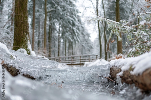 Fototapeta A frozen stream beneath snow-covered trees with a wooden bridge in the background, capturing a peaceful winter forest scene.