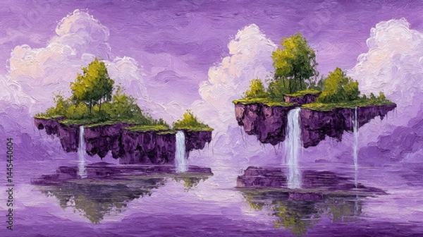 Fototapeta Floating islands with waterfalls and trees hover above a reflective water surface under a vibrant purple sky with clouds.