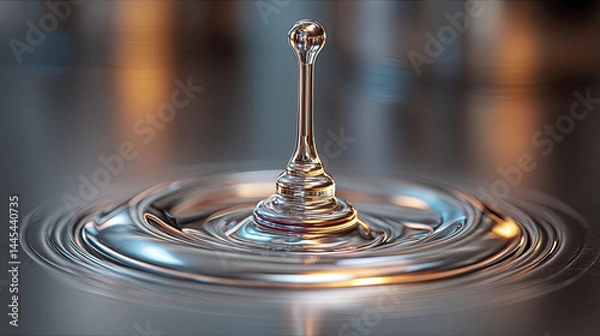 Fototapeta A single water droplet creates ripples on a smooth reflective surface with soft, colorful lighting in the background.