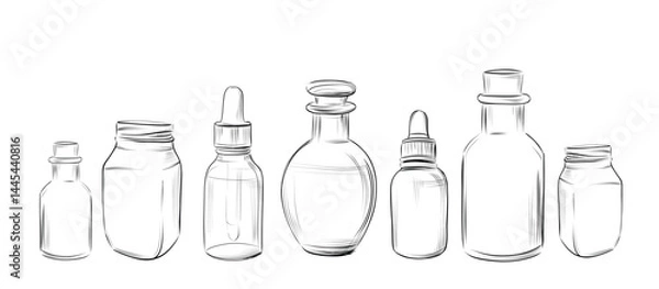 Obraz Hand drawn set of essential oil glass bottles for skincare isolated vector