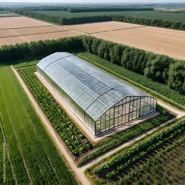 Fototapeta Aerial View of Modern Greenhouse in Agricultural Field
