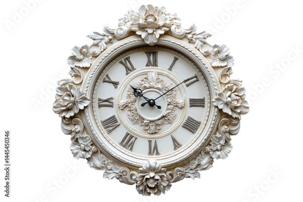 Fototapeta Elegant antique clock with ornate detailing classic Roman numerals and a creamy white finish against