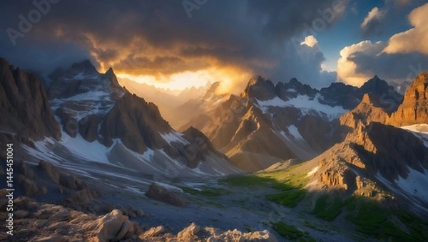Fototapeta Mountain Range with Snow and Dramatic Sky
