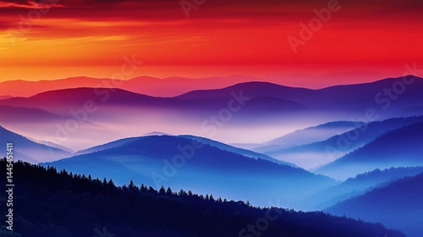 Fototapeta Scenic view of layered mountain hills in mist at sunrise with vibrant red, orange and blue tones.