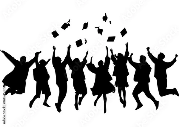 Obraz 

Collection of silhouettes of university students celebrating graduation by jumping and throwing toga caps on transparent background