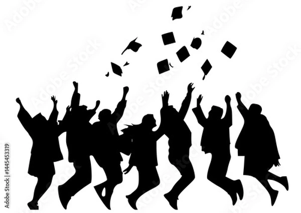 Fototapeta 

Collection of silhouettes of university students celebrating graduation by jumping and throwing toga caps on transparent background