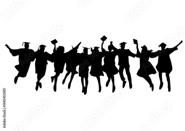 Obraz 

Collection of silhouettes of university students celebrating graduation by jumping and throwing toga caps on transparent background