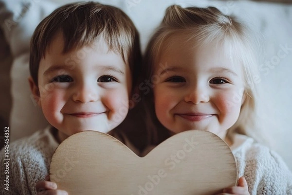 Obraz Cute child holding a heart-shaped sign with blank space for copy, ideal for messages, love notes, or campaigns, on clean background.

