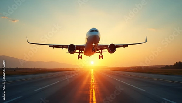 Fototapeta High Speed Transport: Cargo Jet Taking Off at Sunrise Over Airport Runway - Efficient Takeoff, Cutting Edge Aviation Technology, Fast Delivery Systems, Empty Space for Text