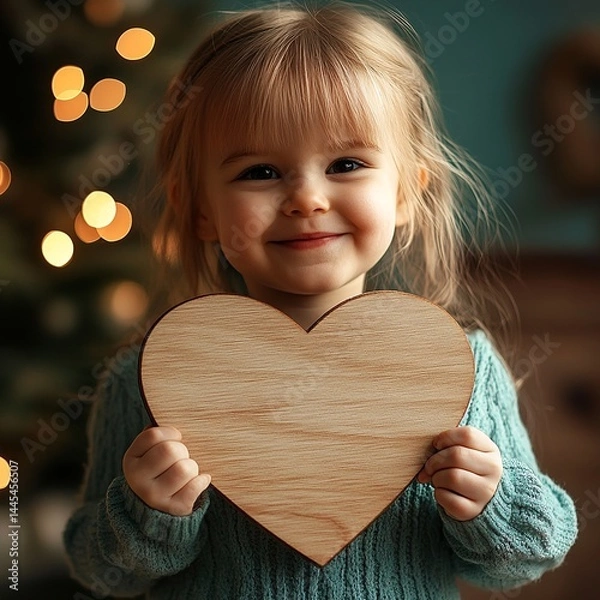 Obraz Cute child holding a heart-shaped sign with blank space for copy, ideal for messages, love notes, or campaigns, on clean background.


