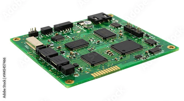 Fototapeta High-performance green PCB motherboard with black microchips and ports isolated on white background, perfect for electronics engineering visuals, computer hardware, and tech product design