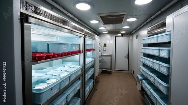 Obraz Modern Storage Facility with Refrigerated Units and Organized Shelving for Efficient Inventory Management