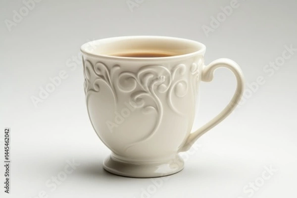 Fototapeta Elegant off white teacup with ornate design filled with tea soft lighting against a white backdrop