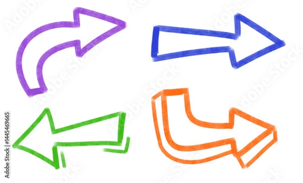 Fototapeta Set of colorful big sketchy, hand-drawn arrows for annotations, presentations, note-taking, 