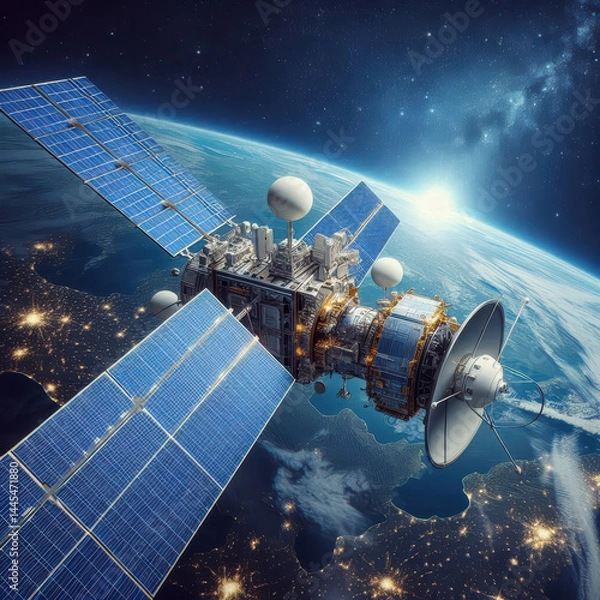 Fototapeta Satellite orbiting Earth, capturing stunning views of the planet beneath at dawn with solar panels glowing in the sunlight