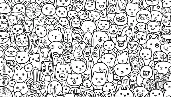Fototapeta Cute Doodle Animal Faces Seamless Pattern