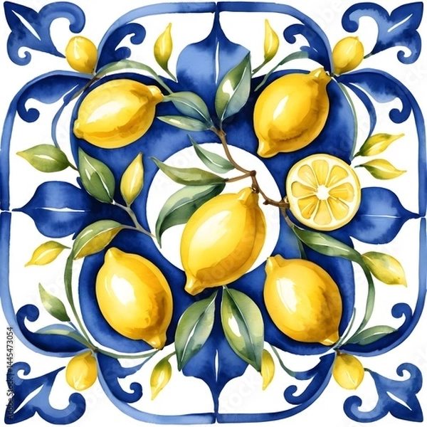 Fototapeta Watercolor Lemons on Blue and White Tile Pattern