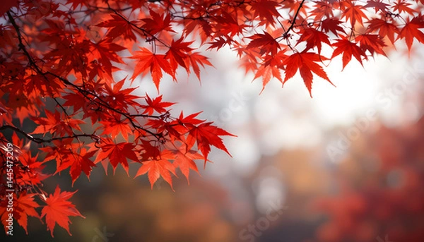 Fototapeta Bright red maple leaves on a tree in a colorful autumn forest under a blue sky