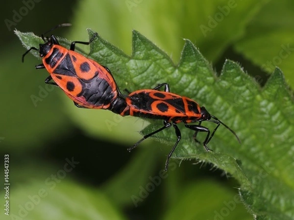 Fototapeta Two firebug (Pyrrhocoris apterus) - mating. Macro.