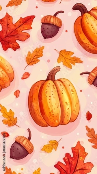 Fototapeta Colorful Autumn Thanksgiving Pumpkins acorns and fall leaves scattered on soft pink background with playful seasonal celebration theme for festive decor