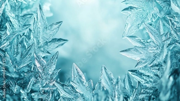 Fototapeta Close up of intricate ice frost patterns on glass surface with detailed frozen crystal formations in cool blue tones for winter cold weather themes