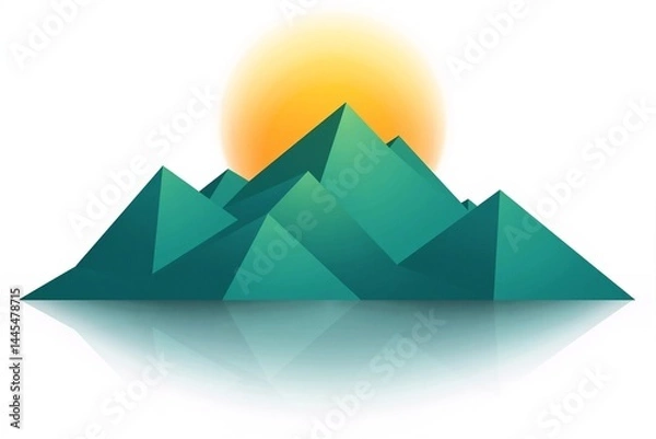 Fototapeta Flat illustration of a stylized geometric mountain range under a radiant gradient sunrise, with layered triangular peaks, warm orange-pink hues reflecting on a calm lake surface, minimalist nature
