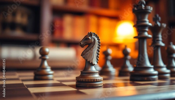 Obraz Close-Up of a Chessboard with Wooden Pieces