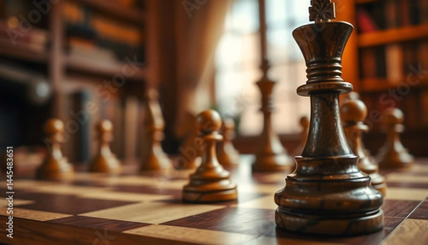 Obraz Close-Up of a Chessboard with Wooden Pieces