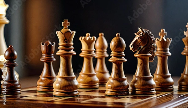 Obraz Close-Up of a Chessboard with Wooden Pieces
