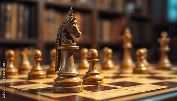 Obraz Close-Up of a Chessboard with Wooden Pieces