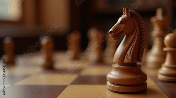 Obraz Close-Up of a Chessboard with Wooden Pieces