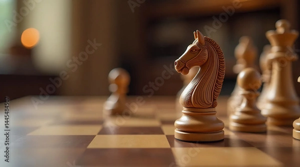 Obraz Close-Up of a Chessboard with Wooden Pieces