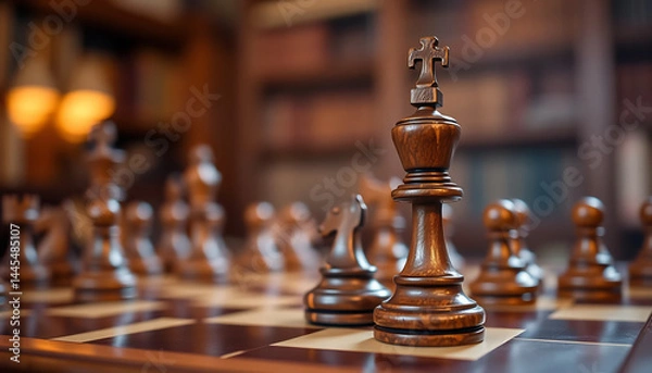 Obraz Close-Up of a Chessboard with Wooden Pieces