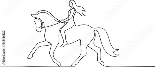 Fototapeta Continuous single line drawing of a female rider on a galloping horse in minimalist linear art style

