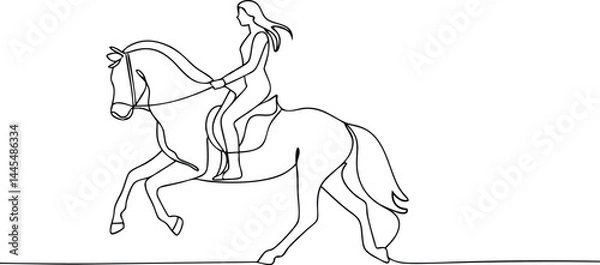 Fototapeta Continuous single line drawing of a female rider on a galloping horse in minimalist linear art style

