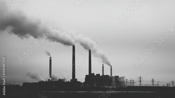 Obraz The chimney of an industrial power plant rises to create a gloomy sky, and the white clouds contrast with the factory pipes, highlighting the city's air pollution and environmental philosophy.