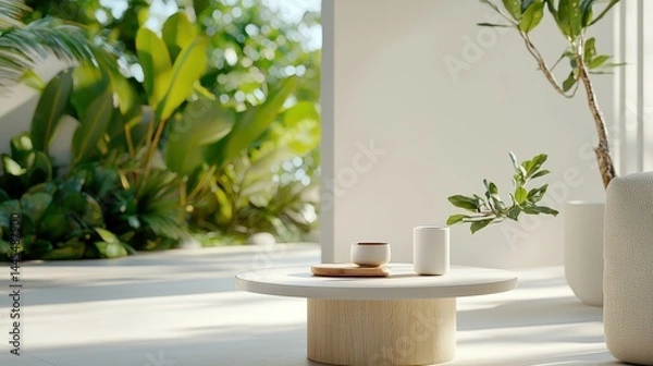 Obraz Modern living space with minimalist decor and natural greenery in the background.