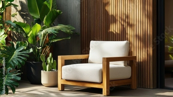 Obraz Stylish modern chair amidst lush greenery in a bright, minimalist setting.