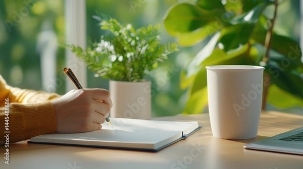 Obraz A person writes in a notebook beside a green plant and coffee cup in a bright setting.