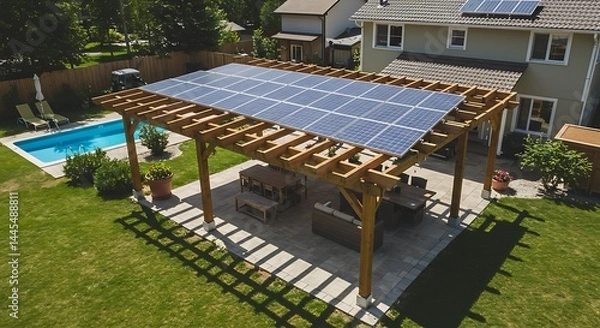 Obraz Sustainable Backyard Oasis: Solar-Powered Pergola with Pool and Patio