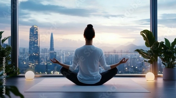 Obraz Calm female practicing yoga indoors with a city skyline at sunset in the background.