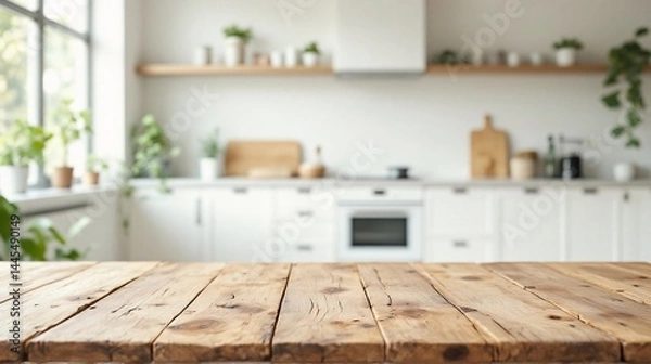 Fototapeta Rustic wood table sharply focused with bright blurred kitchen behind. White cabinets, soft daylight, and green plants create a natural minimalistic mood.