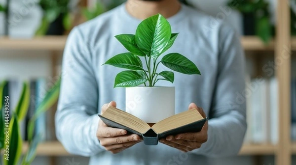 Obraz Young Asian man holds an open book with a potted plant, symbolizing growth and knowledge.