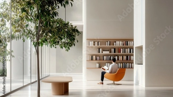 Obraz A serene space featuring a woman reading in a modern, minimalist living room.